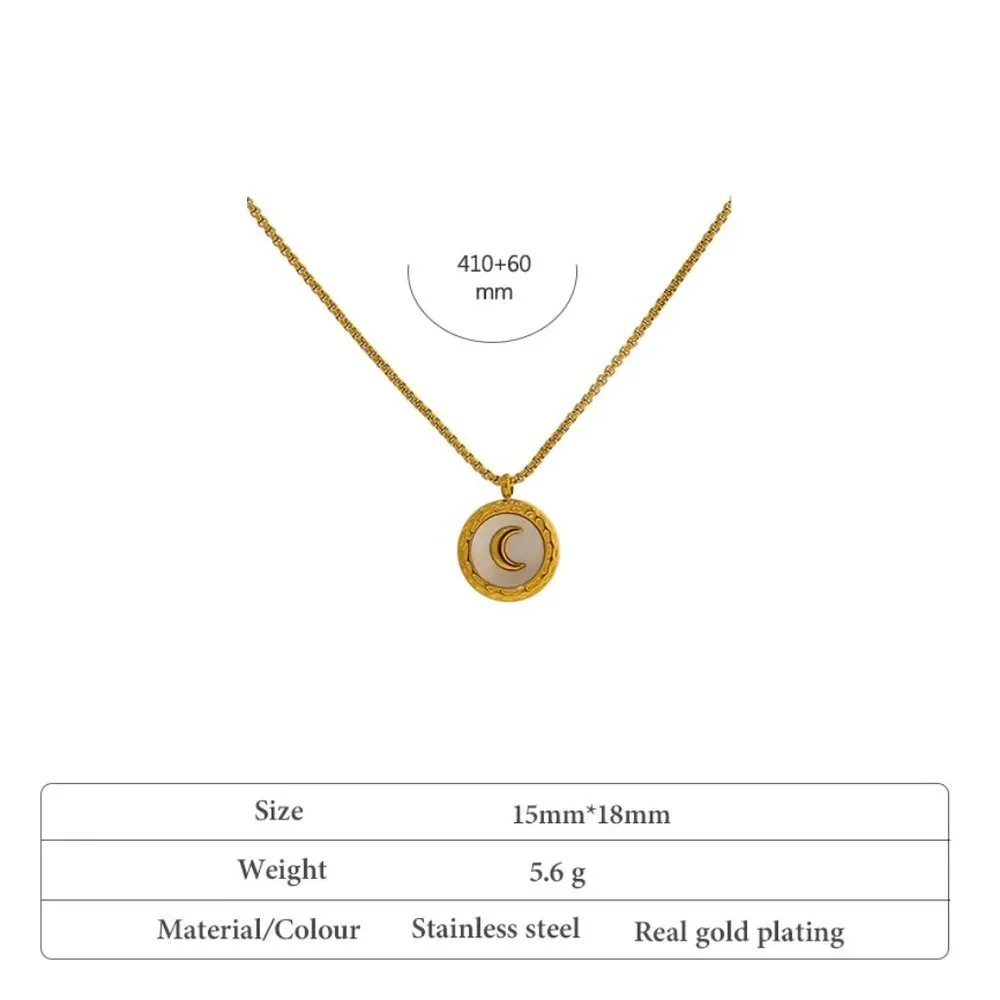 New 18K Gold Plated White Shell Moon Round Pendant Necklace